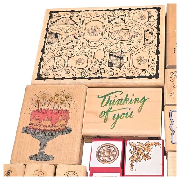 Vtg Wooden Rubber Stamp Lot of 60 Mixed Crafts Floral Sentiments & Decorative - Picture 2 of 16